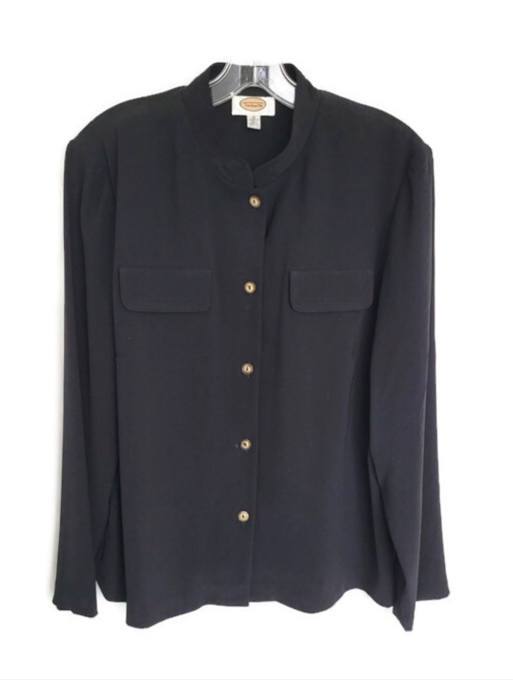 Talbots Black Button-Front Mandarin Collar Shirt